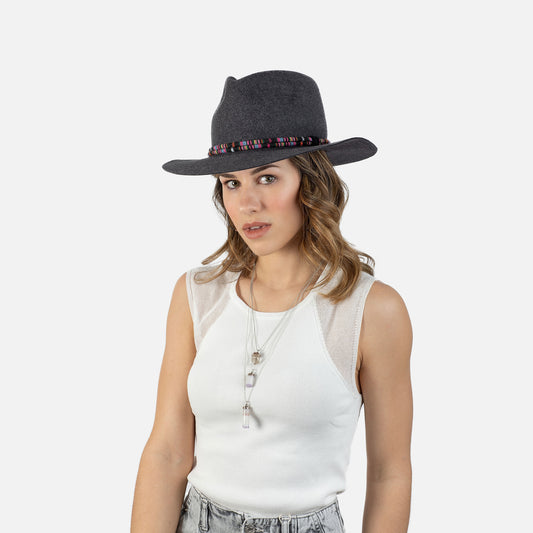 Sombrero fedora gris cinta étnica para mujer
