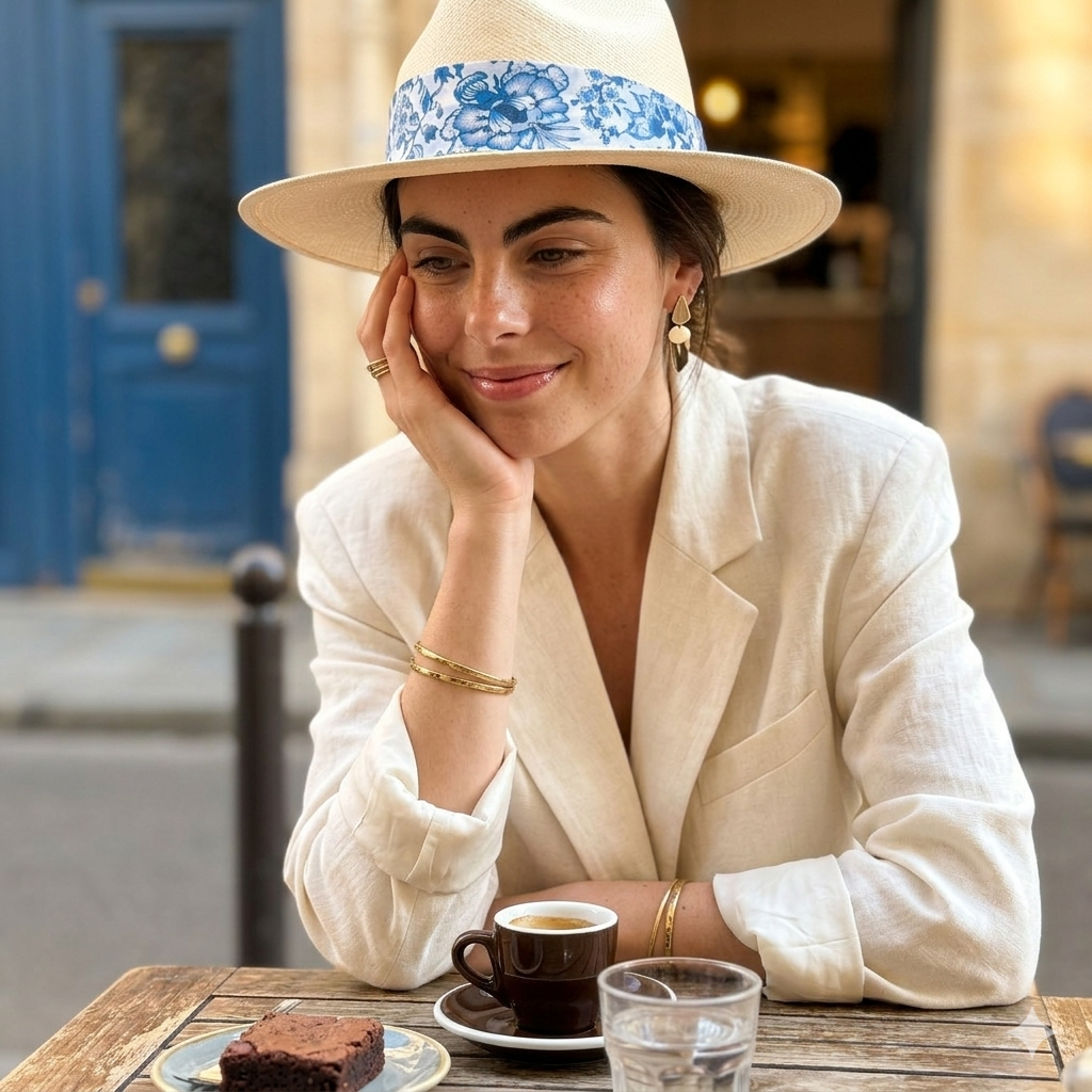 Panamá blanco con cinta floreal